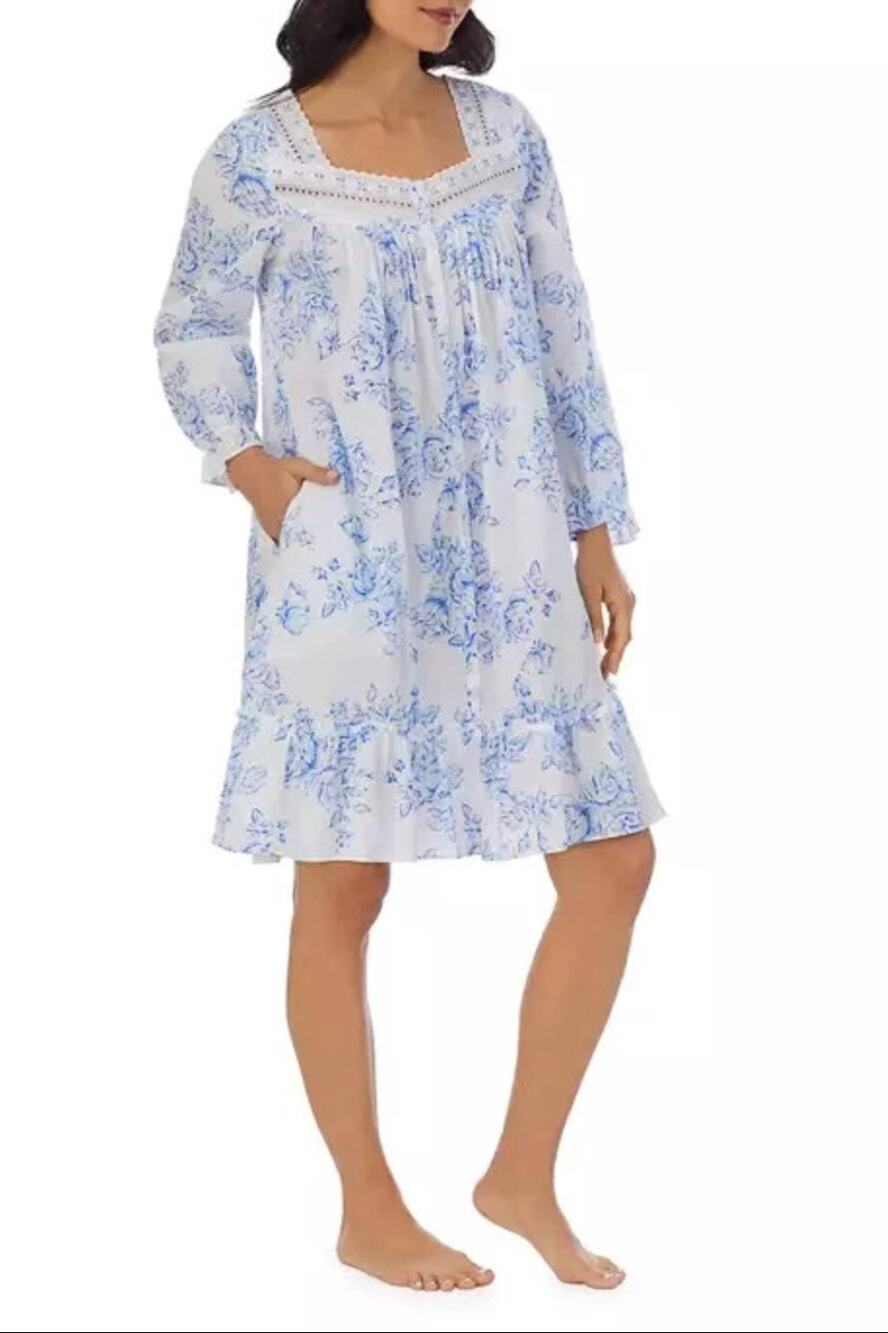 EILEEN WEST Short Nightgown Large Blue White Floral Long Sleeve Cotton Knit NWT